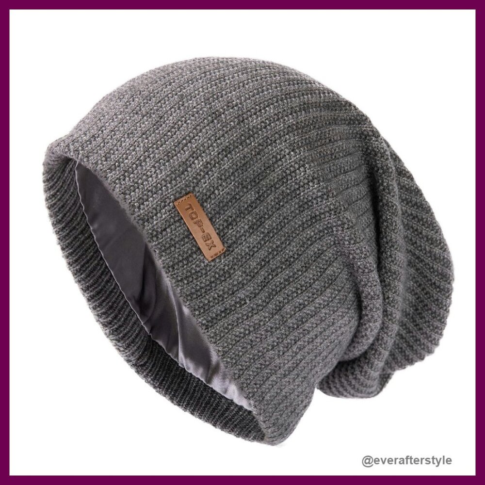 Oversized Slouchy Beanie Merino Wool Satin Lined Knit Hat Unisex Winter